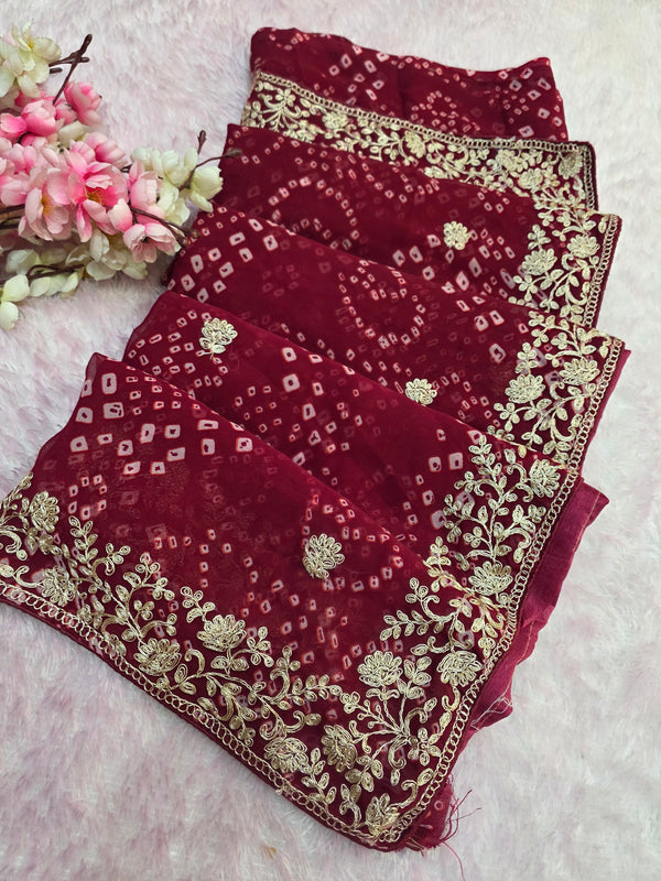 967001 Rajasthani Traditional Georgette Bandhani Saree with Pitta Work - Maroon