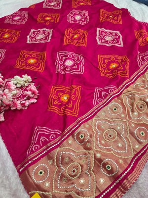 7300 Pure Upada Silk Bandhani Saree with Handwork - Rani