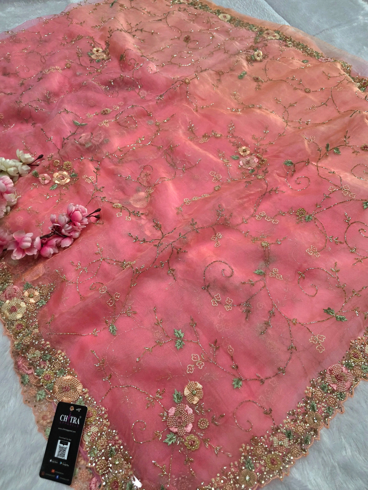 9040 Premium Dual Shade Peach Pink Pure Organza Saree with Cut Dana, Pearl & Beads Work