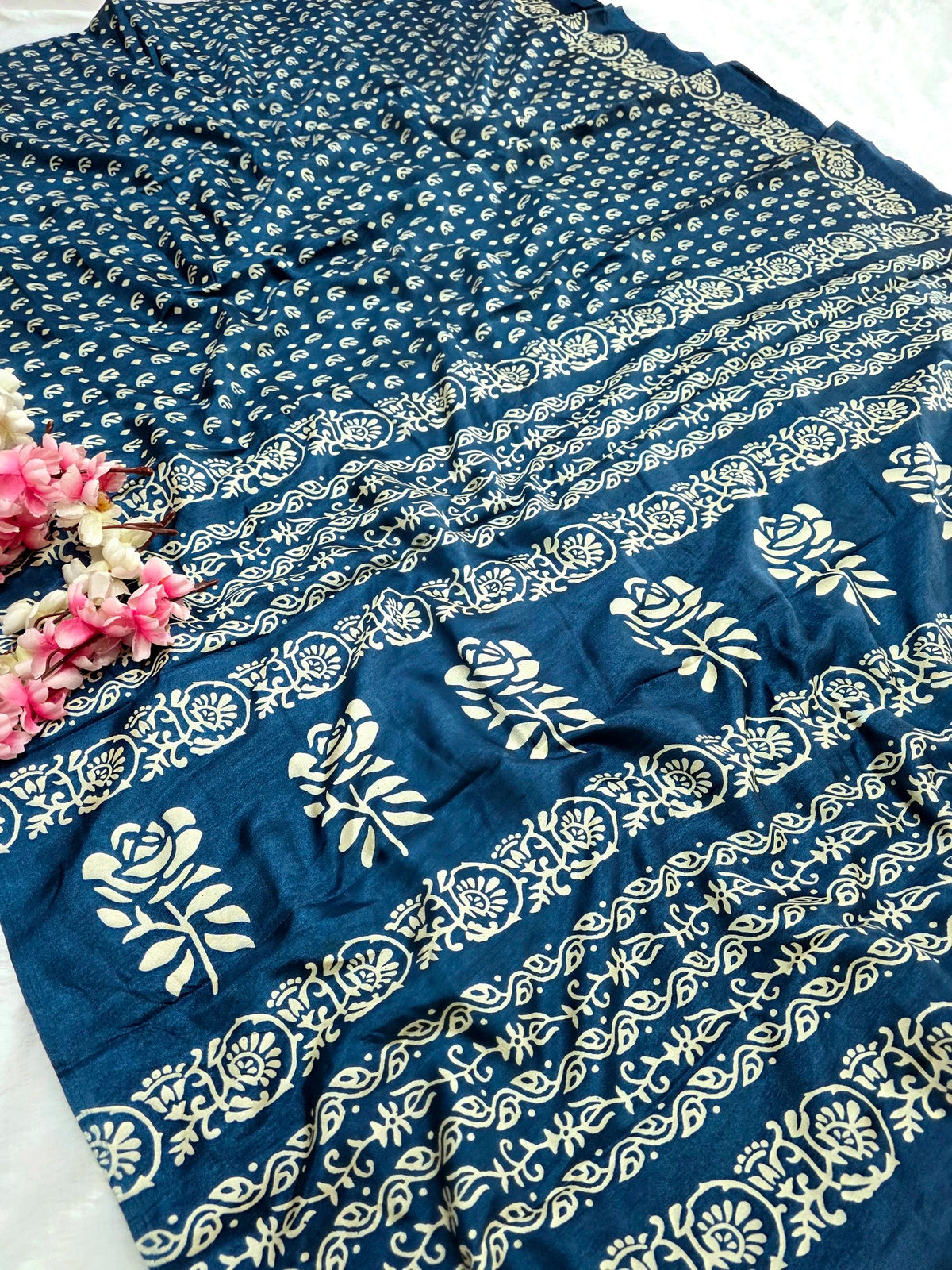 DS149 Semi Dola Silk Block Print Saree - Navy Blue