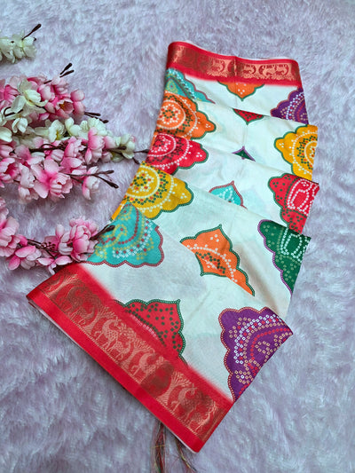 992001 Designer Colorful Bandhani Print Dola Silk Saree with Zari Weaving Border