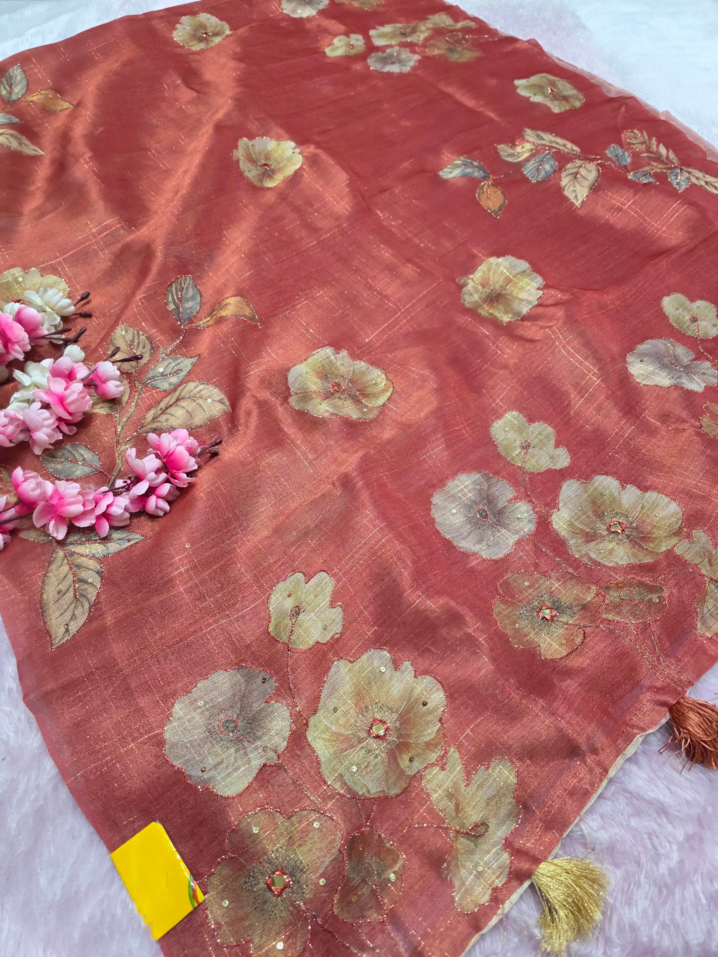 101703 Designer Tissue jute Silk Saree with Rajasthani Hand Aari Tari Work
