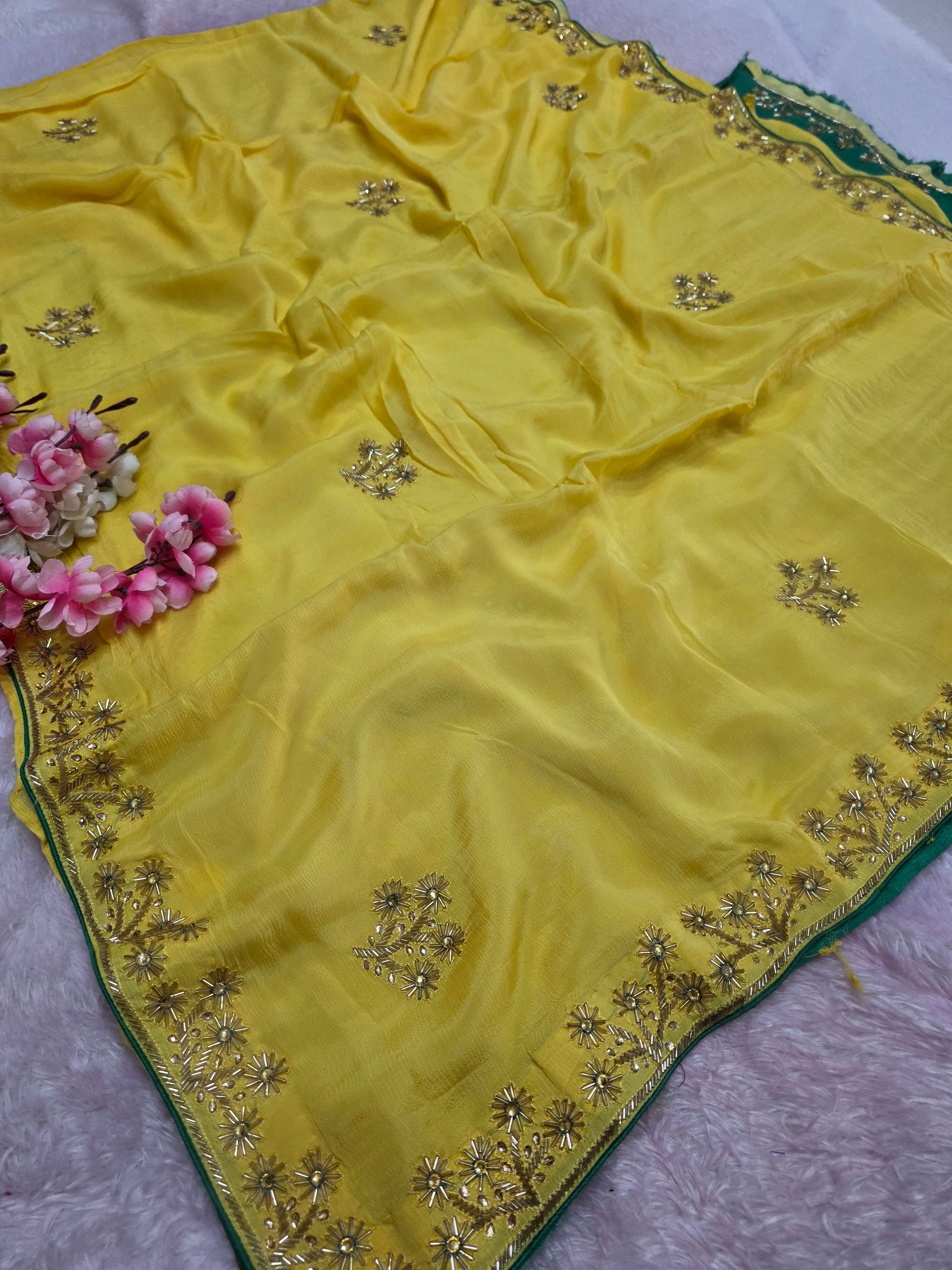 5445 Pure Chinon Silk Beautiful Hand Crafted Designer Yellow Saree With Hand Work