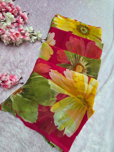 103904 Lightweight Elegant Semi Chiffon Flower Print Saree - Rani