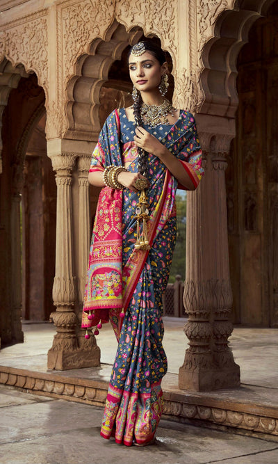 100704 Premium Kashmiri Print Silk Saree With Gold Print - Gray
