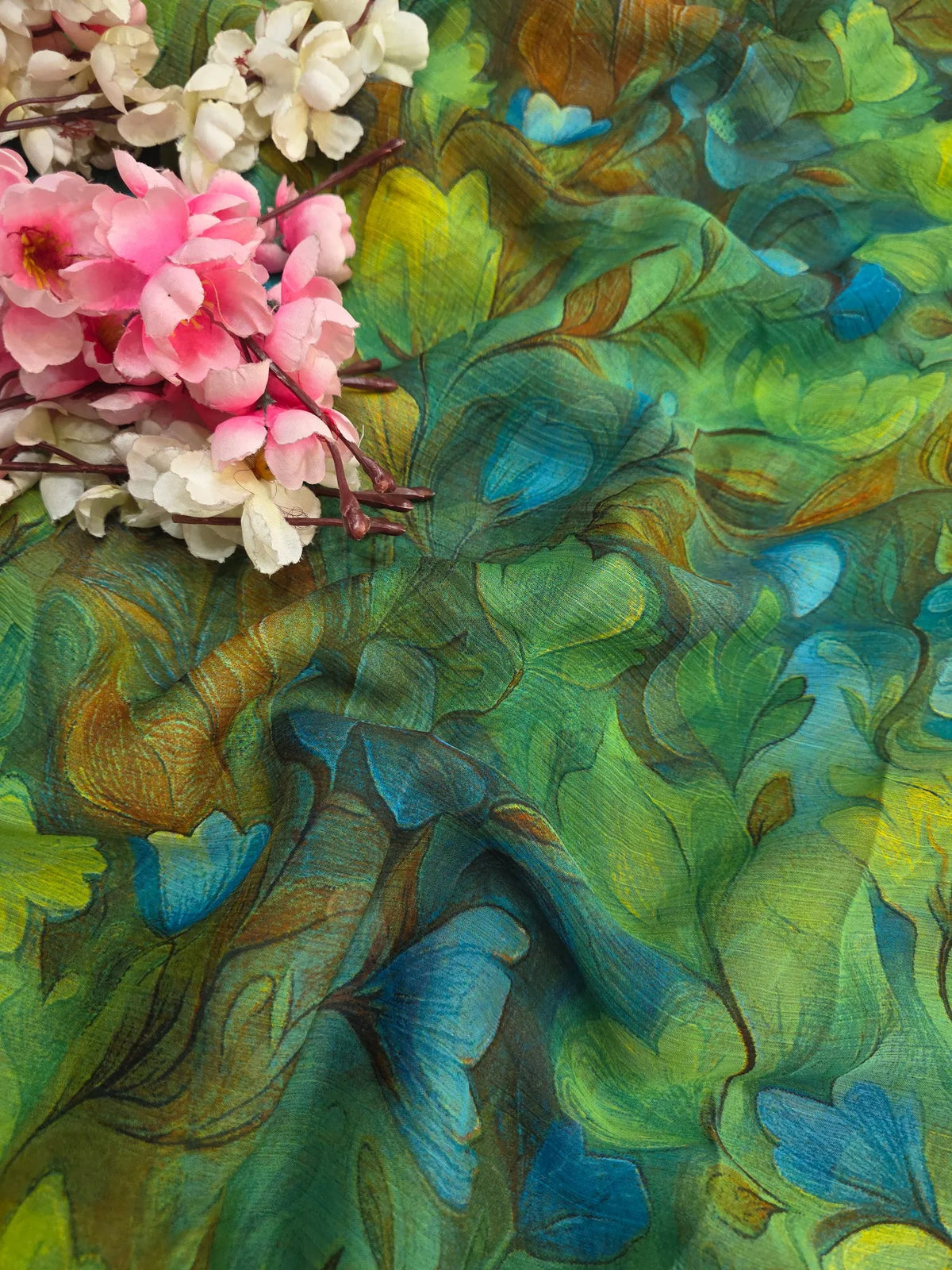 CA1469 Lightweight Elegant Semi Chiffon Flower Print Saree - Green