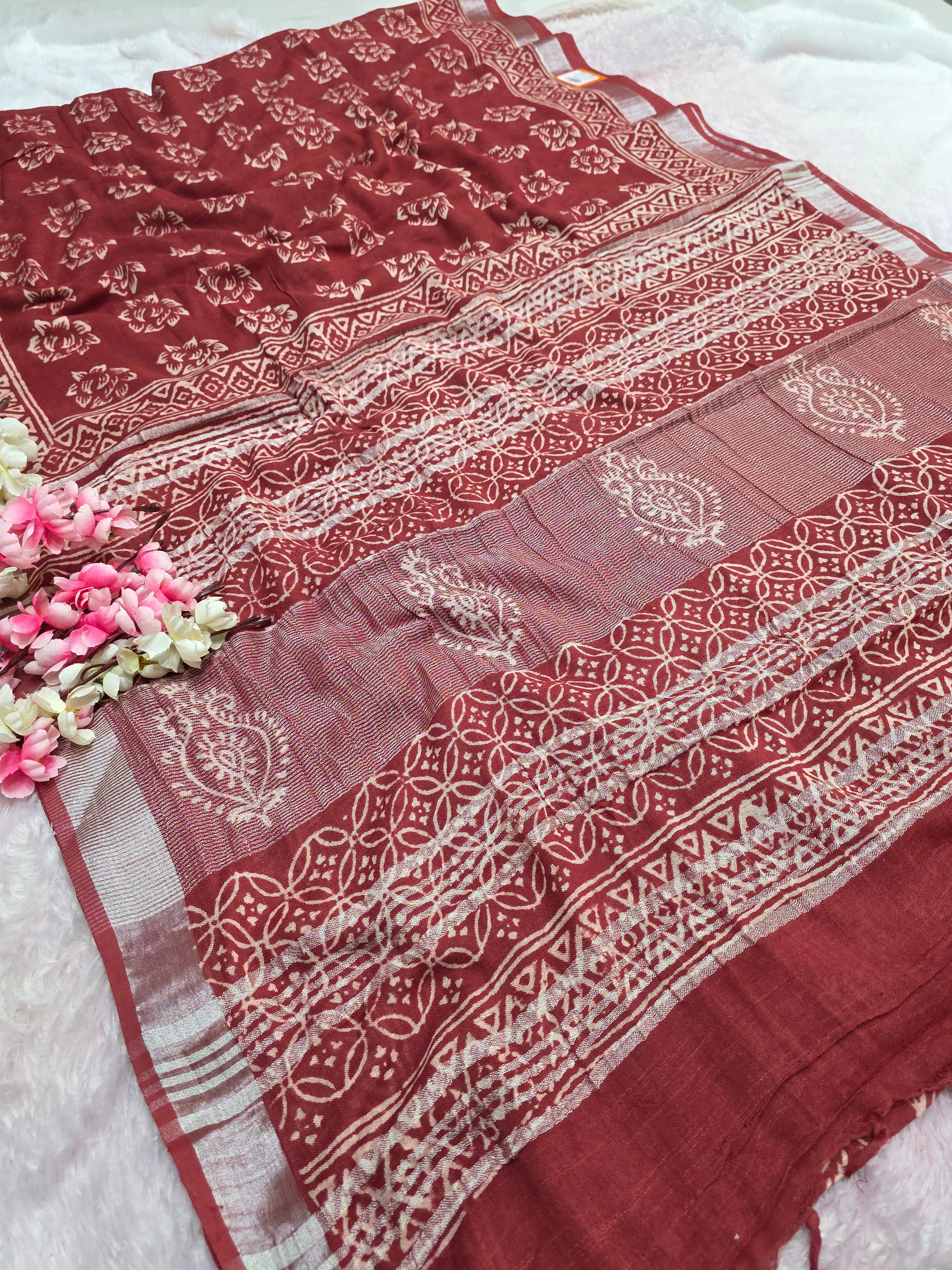 CA1444 Pure Rajasthani linen Saree with Hand print mahroon black saree