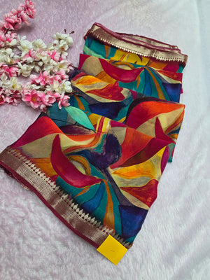 CA0716 Chitra Special Pure Chinon Silk Printed Saree Wine