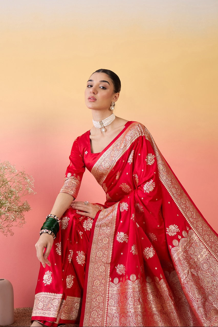 912002 Flower Butta Banarasi Satin Silk Saree - Red