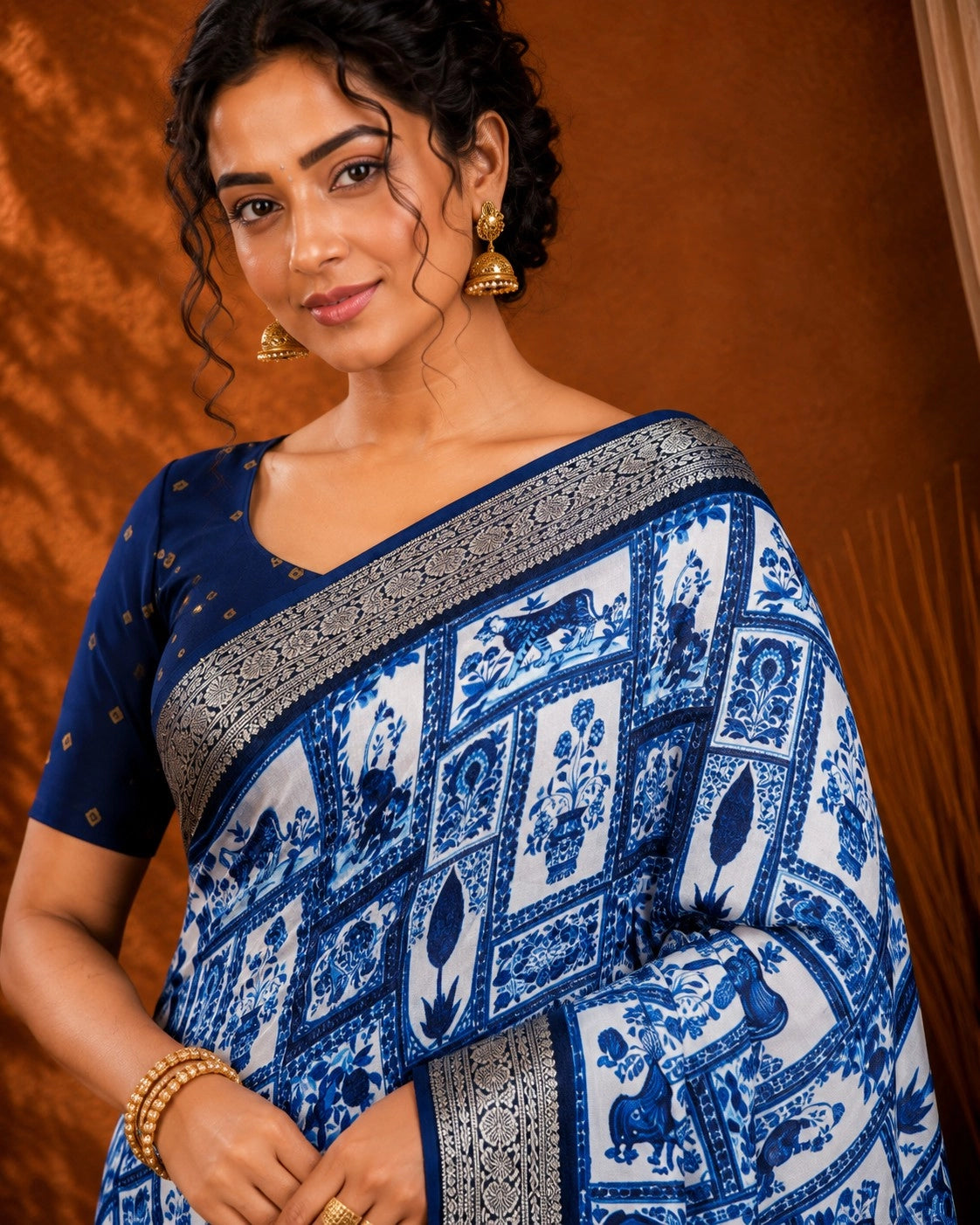 CA0705 Pure Chinon Silk Flower Saree Blue