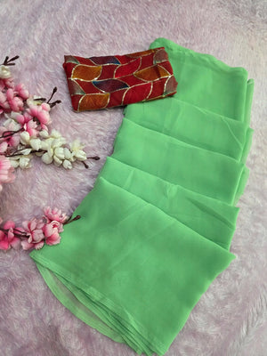 CA1520 Designer Soft Georgette Plain Saree with Designs Blouse - Green