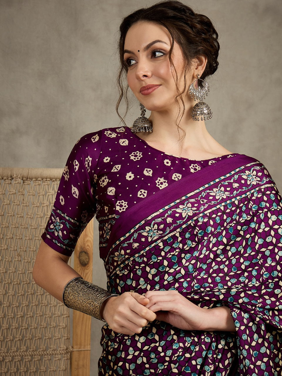 823001 Trending Ajrakh Print Semi Modal Silk Purple Saree