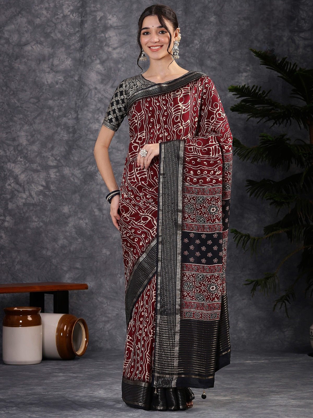 100601 Beautiful Pure Maslin Silk Traditional Print Saree with Zari Weaving Border and Heavy Brocket Blouse