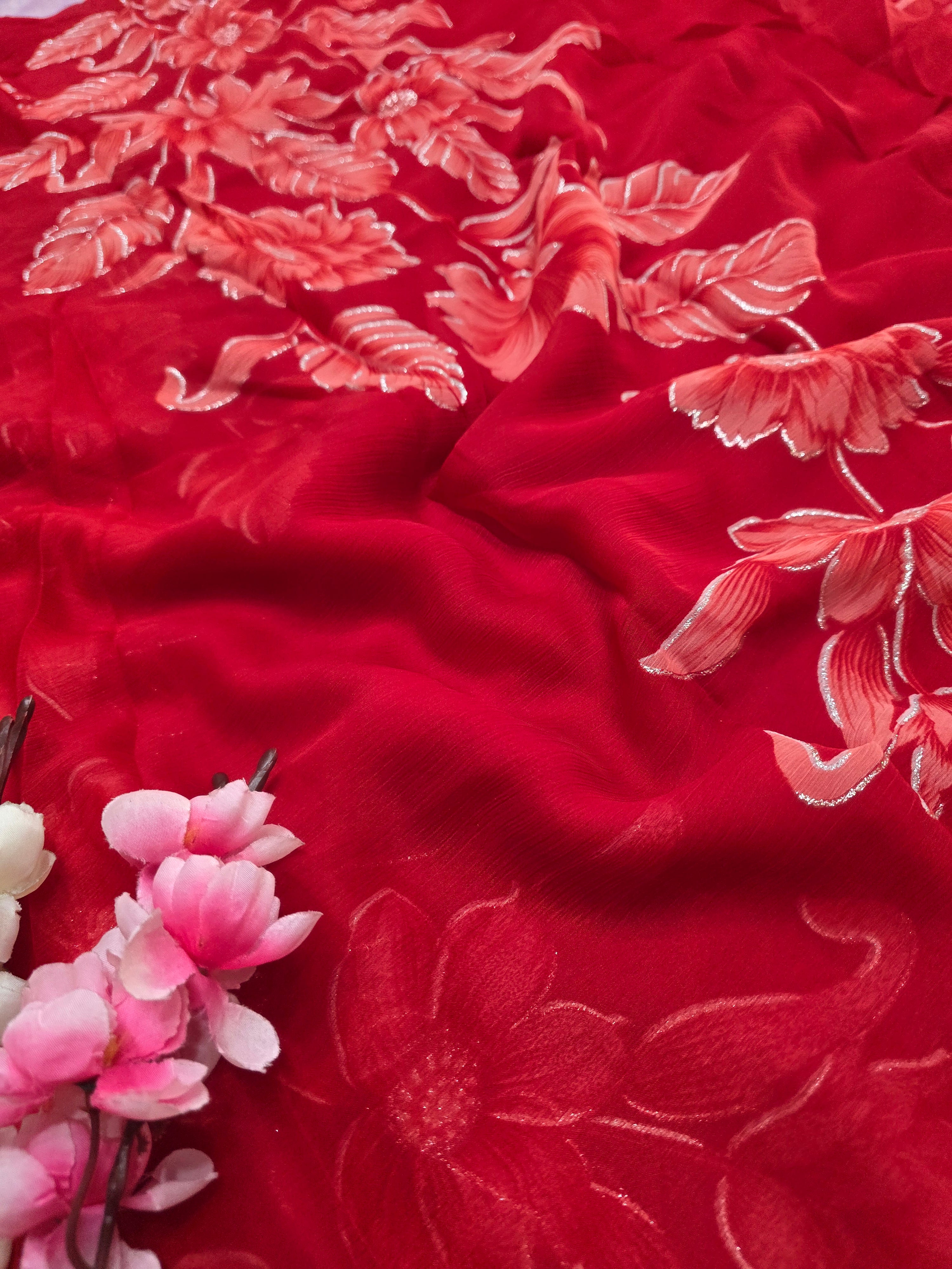 991003 Lightweight Elegant Semi Chiffon Flower Print Saree with Zari Print - Red