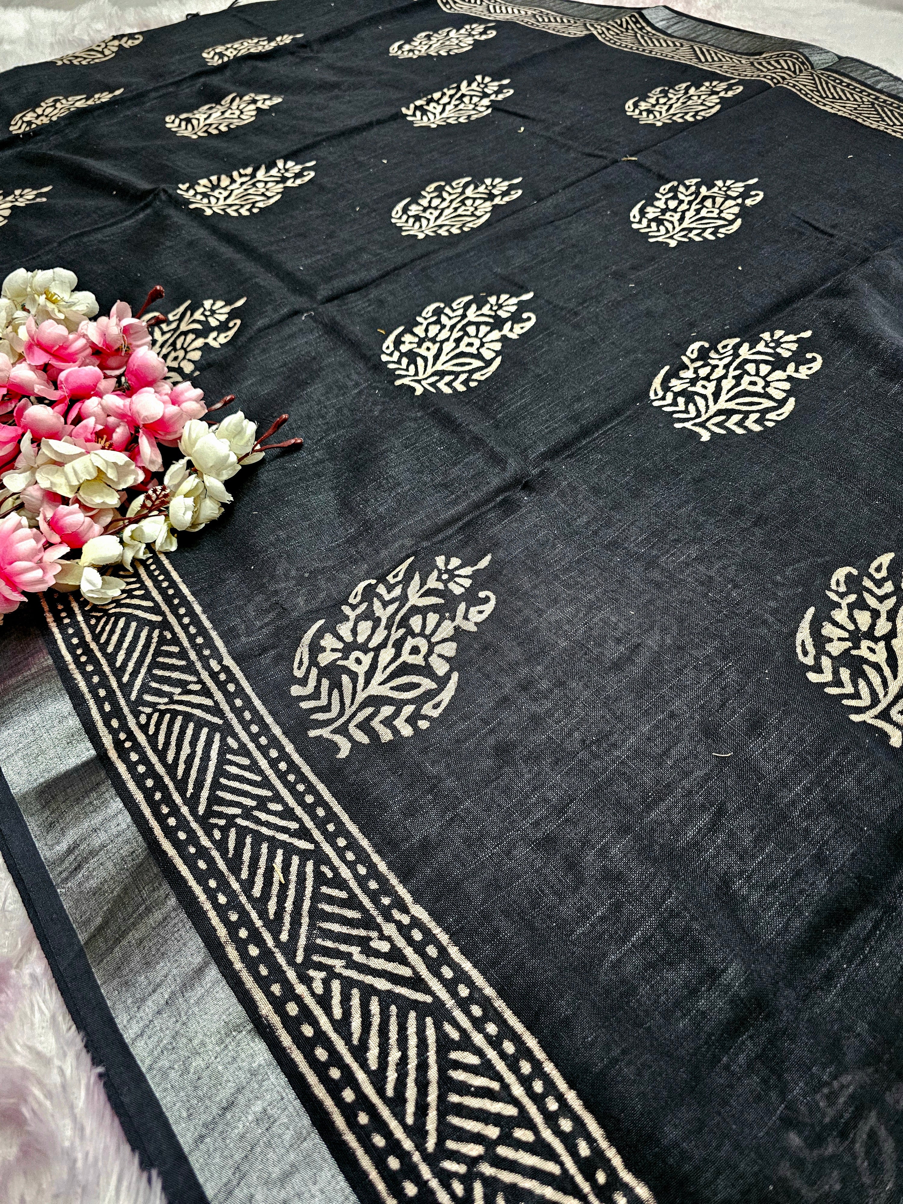 100203 Pure Rajasthani Natural Cotton Linen Hand Printed Saree