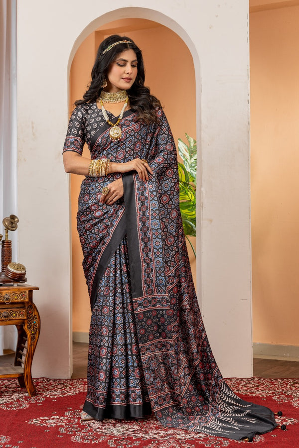 937001 Traditional Ajrakh Print Satin Silk Saree