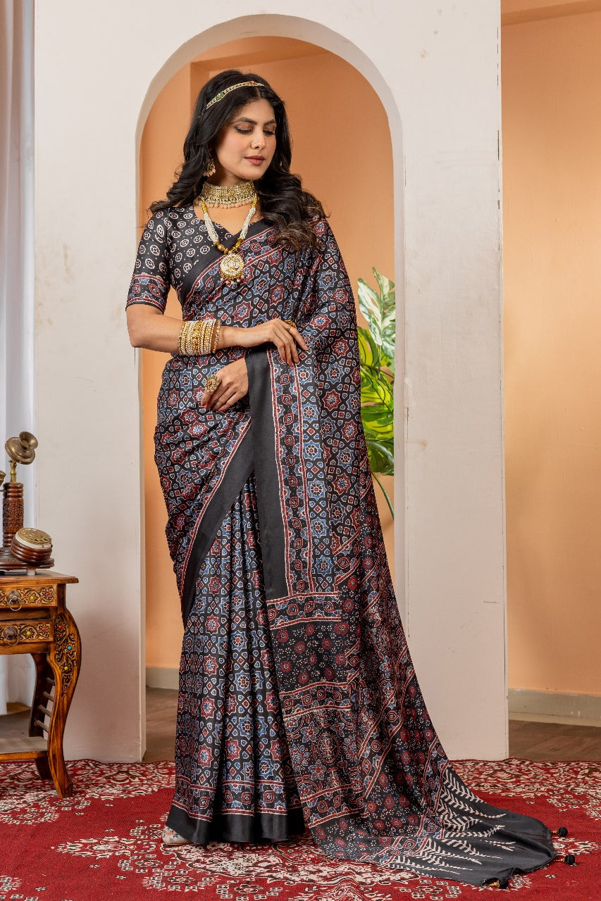 937001 Traditional Ajrakh Print Satin Silk Saree