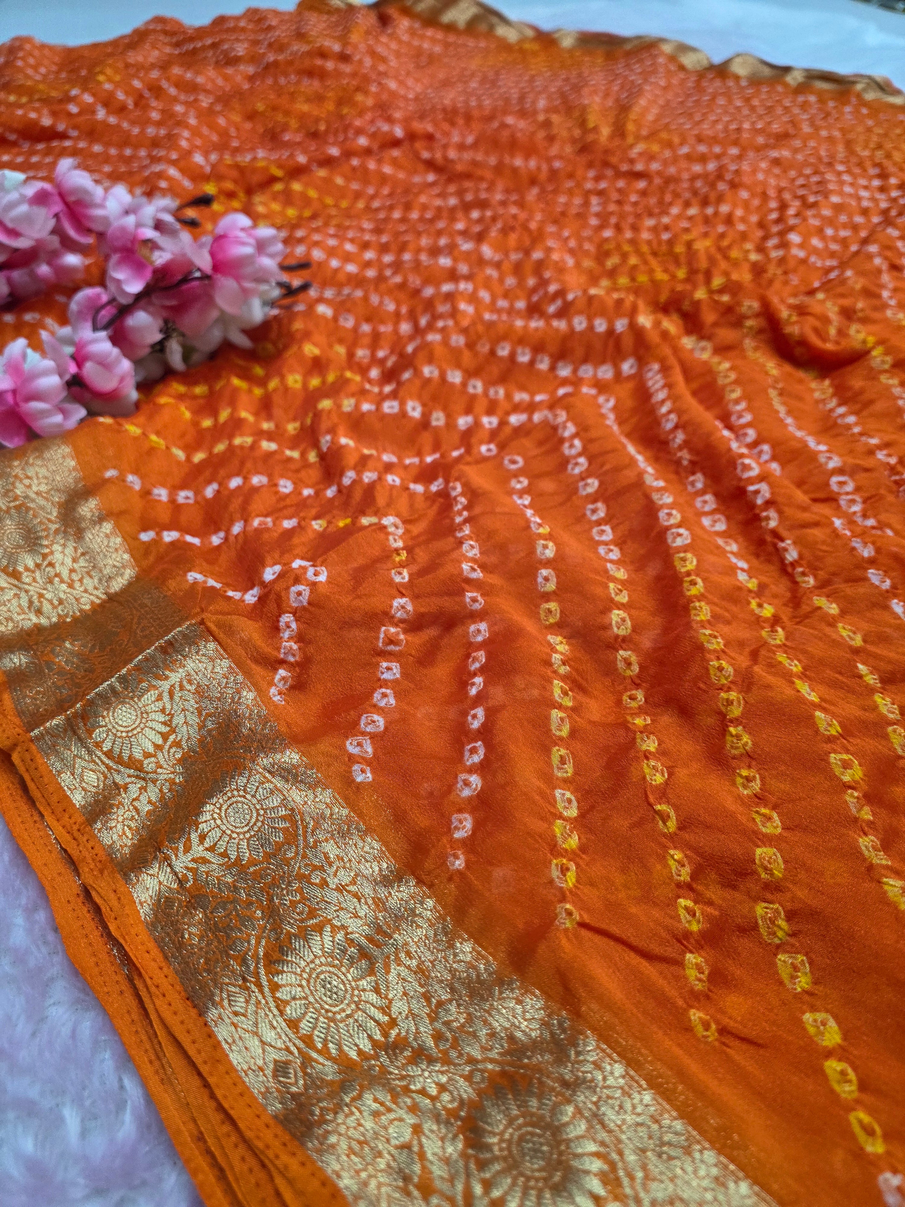 12529 Traditional Hand Bandhani Chinon Silk Soft Saree - Orange