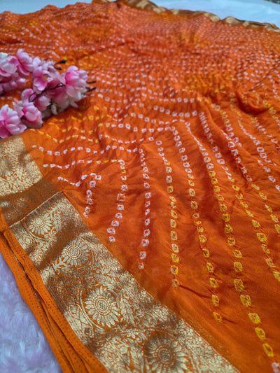 12529 Traditional Hand Bandhani Chinon Silk Soft Saree - Orange