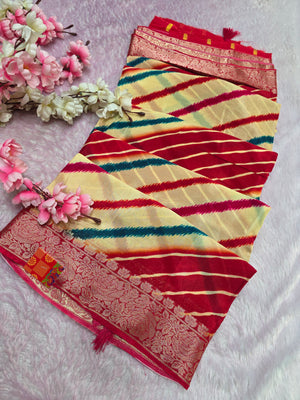 CA0697 PURE CHINON LAHRIYA SAREE - Red