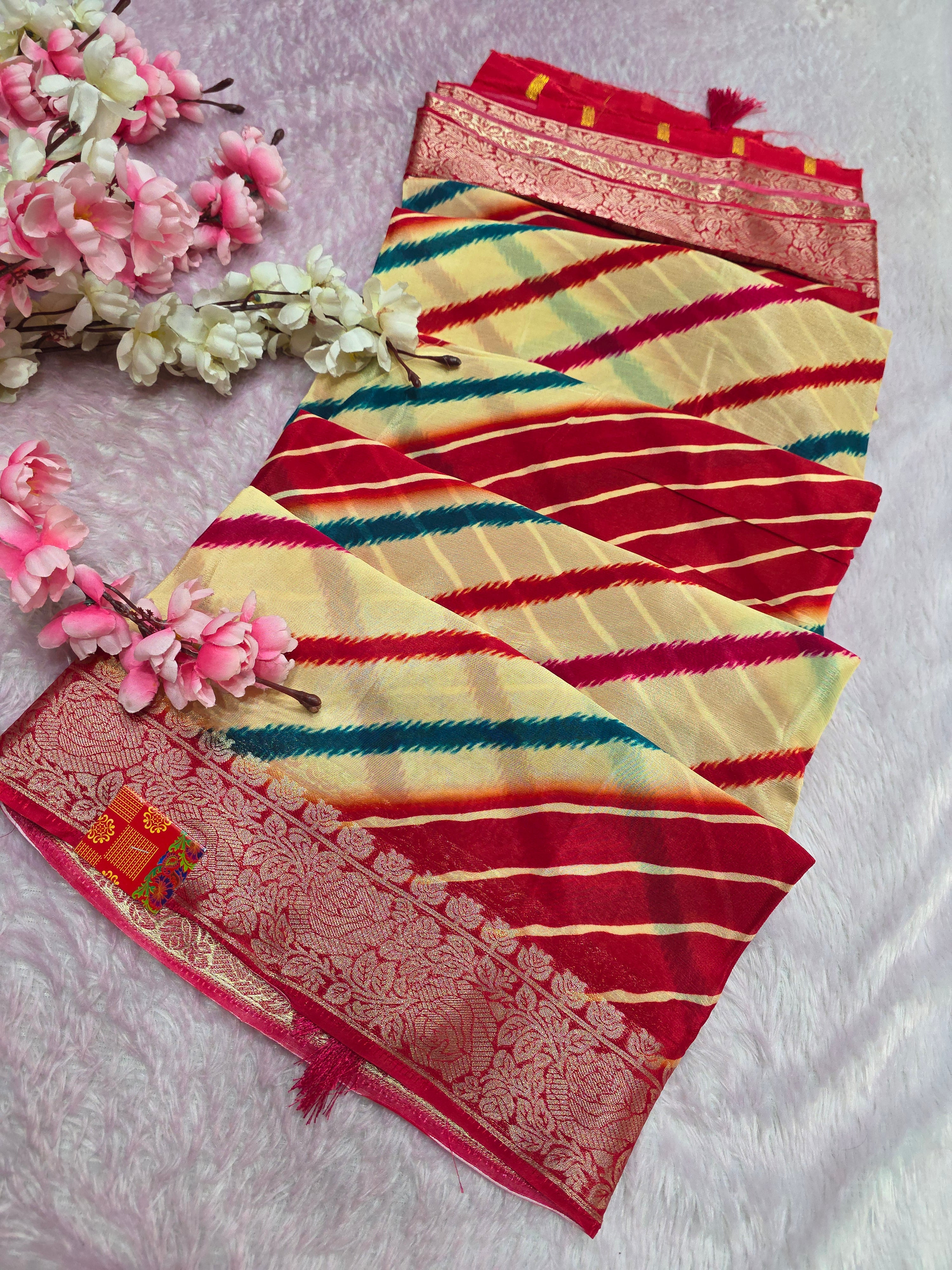 CA0697 PURE CHINON LAHRIYA SAREE - Red