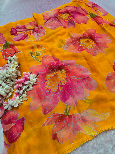 644001 एक्सक्लूसिव शिफॉन फ्लावर प्रिंट साड़ी - हरा 