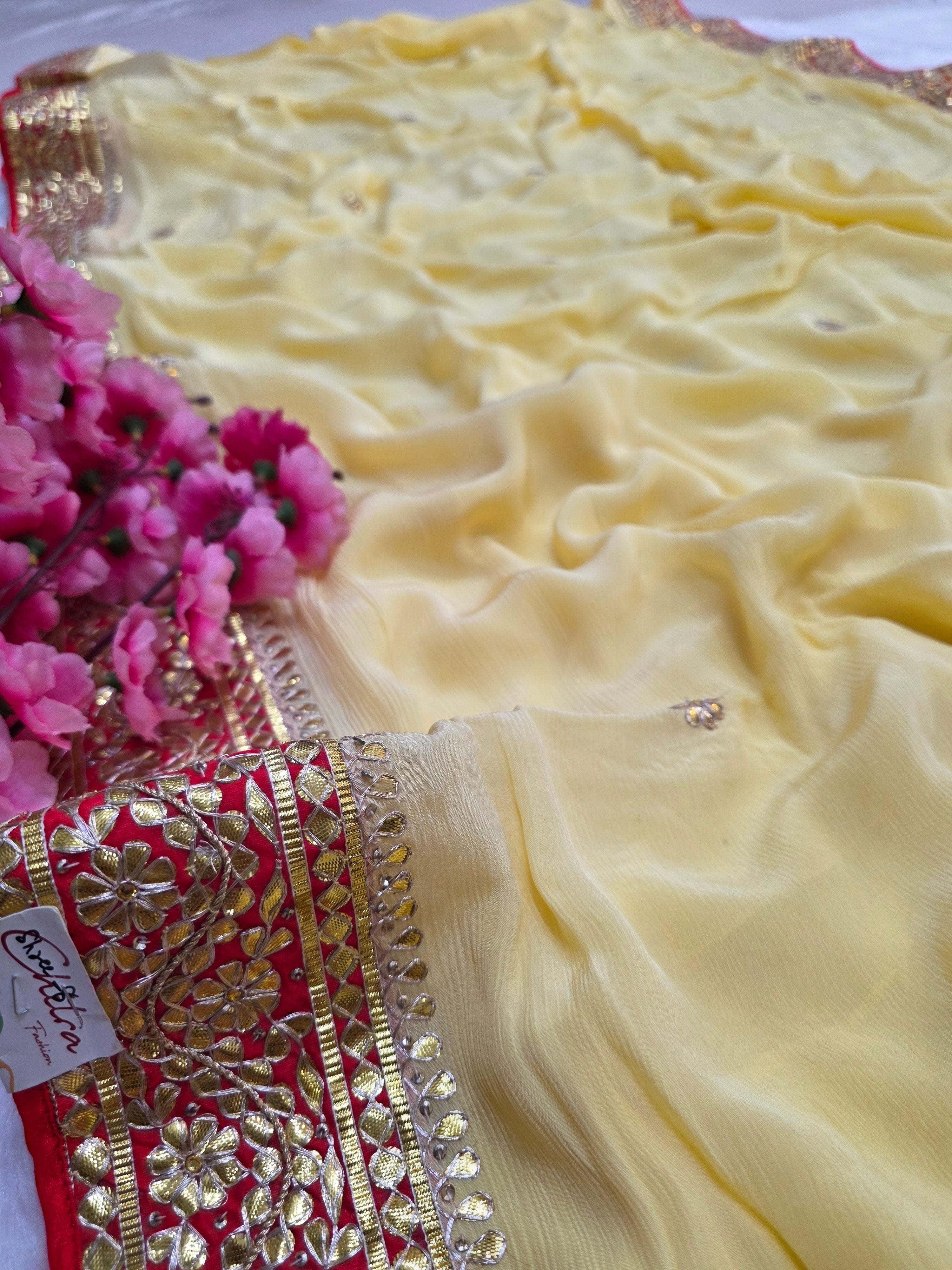 157001 शुद्ध रूसी सिल्क पार्टी वियर डिजाइनर साड़ी भारी कटदाना काम के साथ 