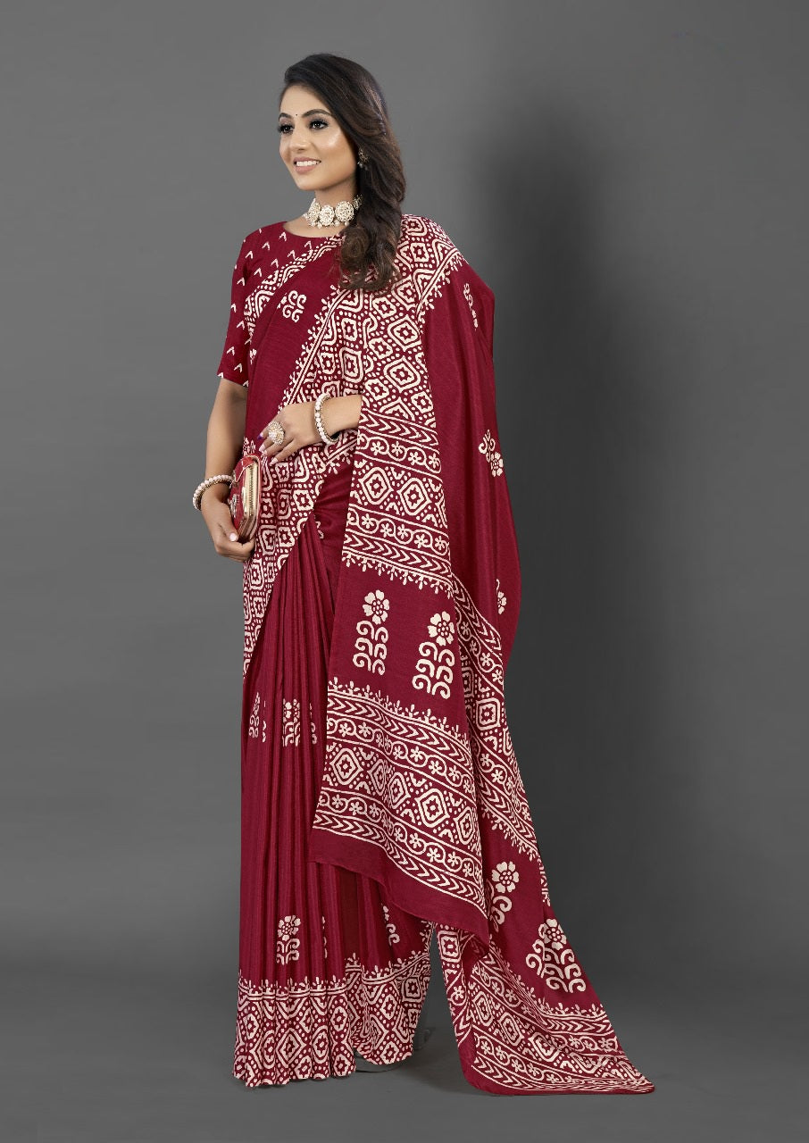 911007 Very Soft and Premium Looking Semi Dola Silk Batik Print Saree - Maroon