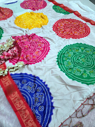 992002 Exclusive Colorful Bandhani Print Dola Silk Saree with Zari Weaving Border