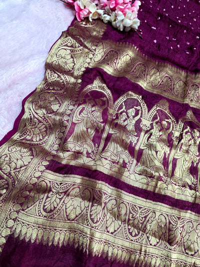 101801 Traditional Bandhani Saree with Banarasi Weaving Pallu and Border - Wine