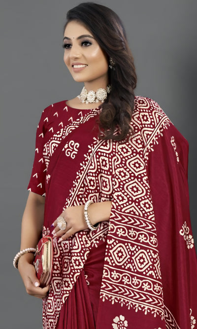 911007 Very Soft and Premium Looking Semi Dola Silk Batik Print Saree - Maroon