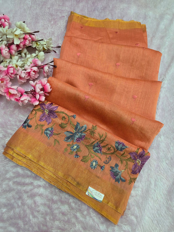 4584 Pure Tussar Silk Beautiful Hand Crafted Designer Saree with Hand Embroidery