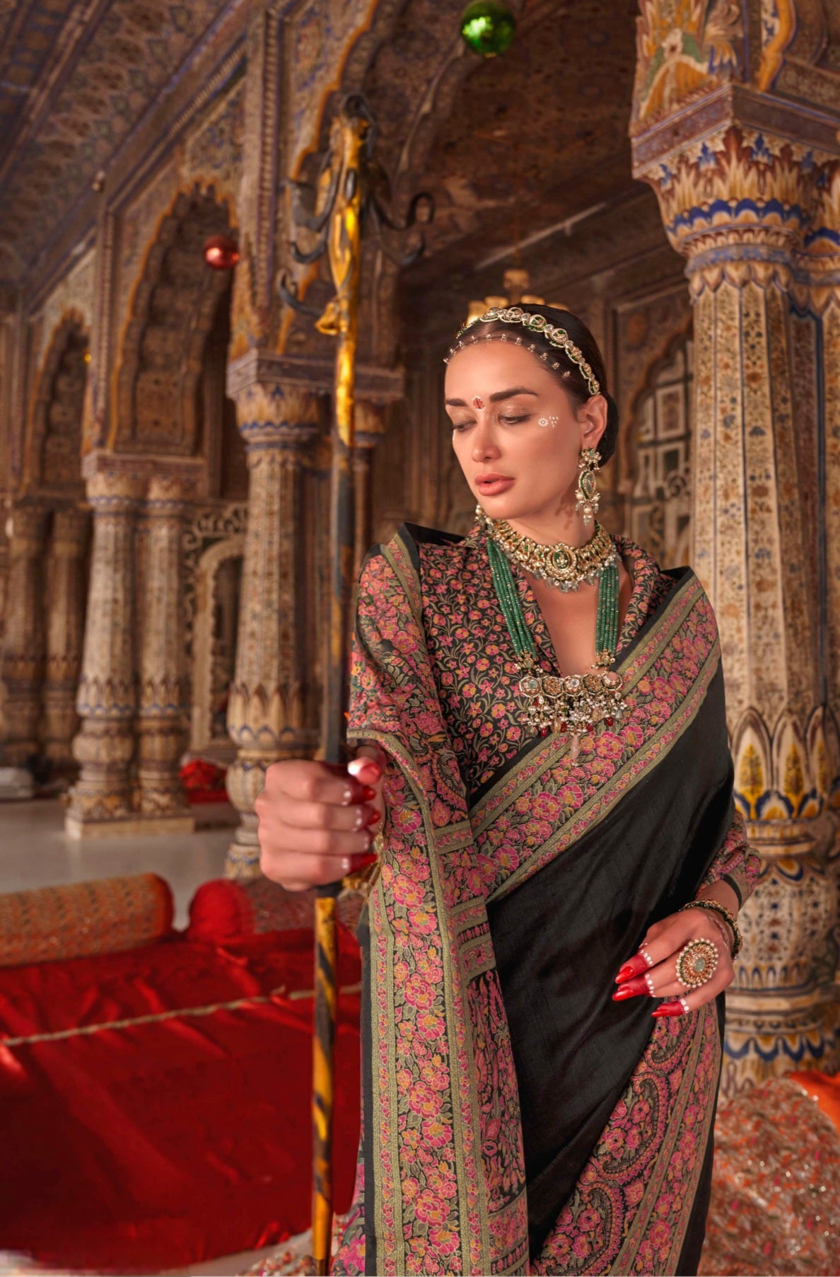 100301 Premium Kashmiri Print Silk Black Saree With Gold Print