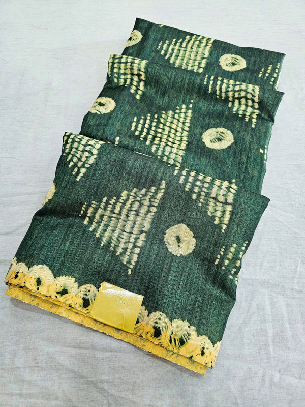 341006 Jute Silk Banshani Saree With Shibbori - Dark Green