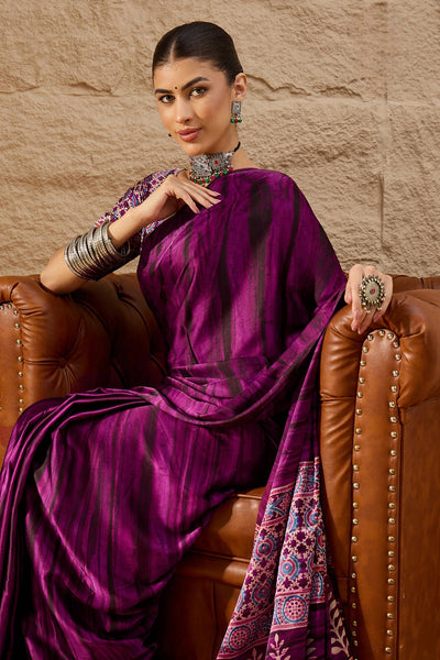 917007 Trending Ajrakh Print with Shibbori Semi Modal Silk Saree - Purple