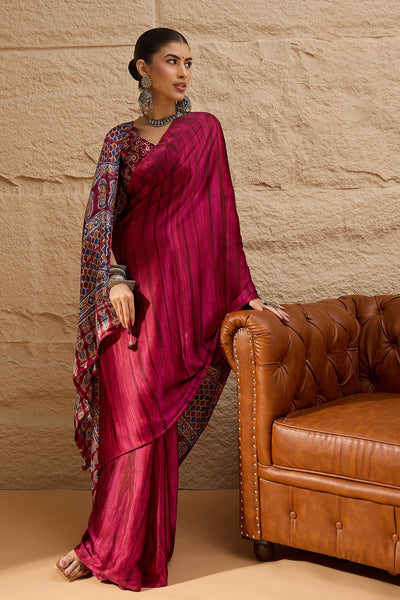 917007 Trending Ajrakh Print with Shibbori Semi Modal Silk Saree - Wine