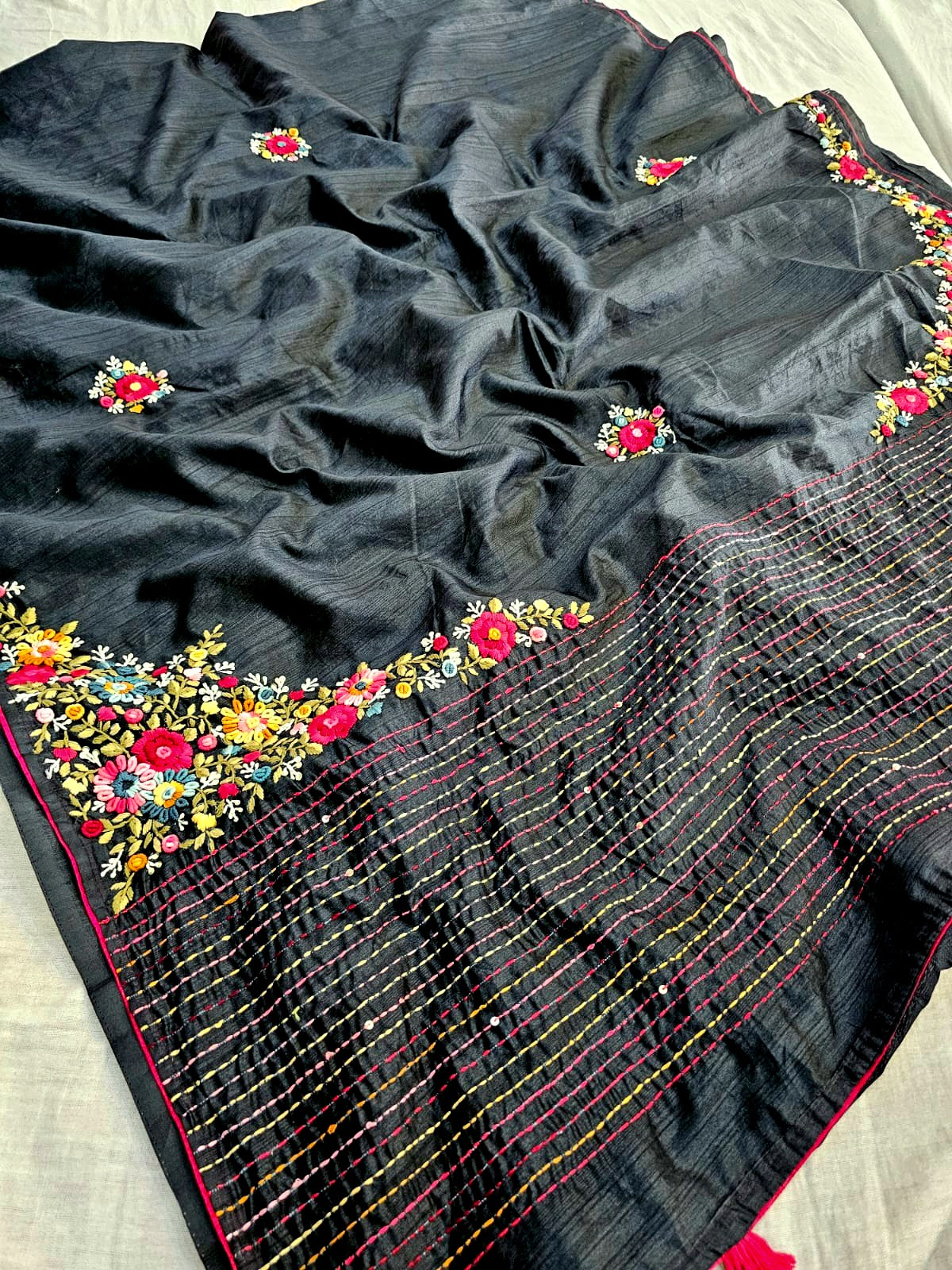 746003 Semi Tusser Silk Hand Made Saree With Premium Suta Work BLACK