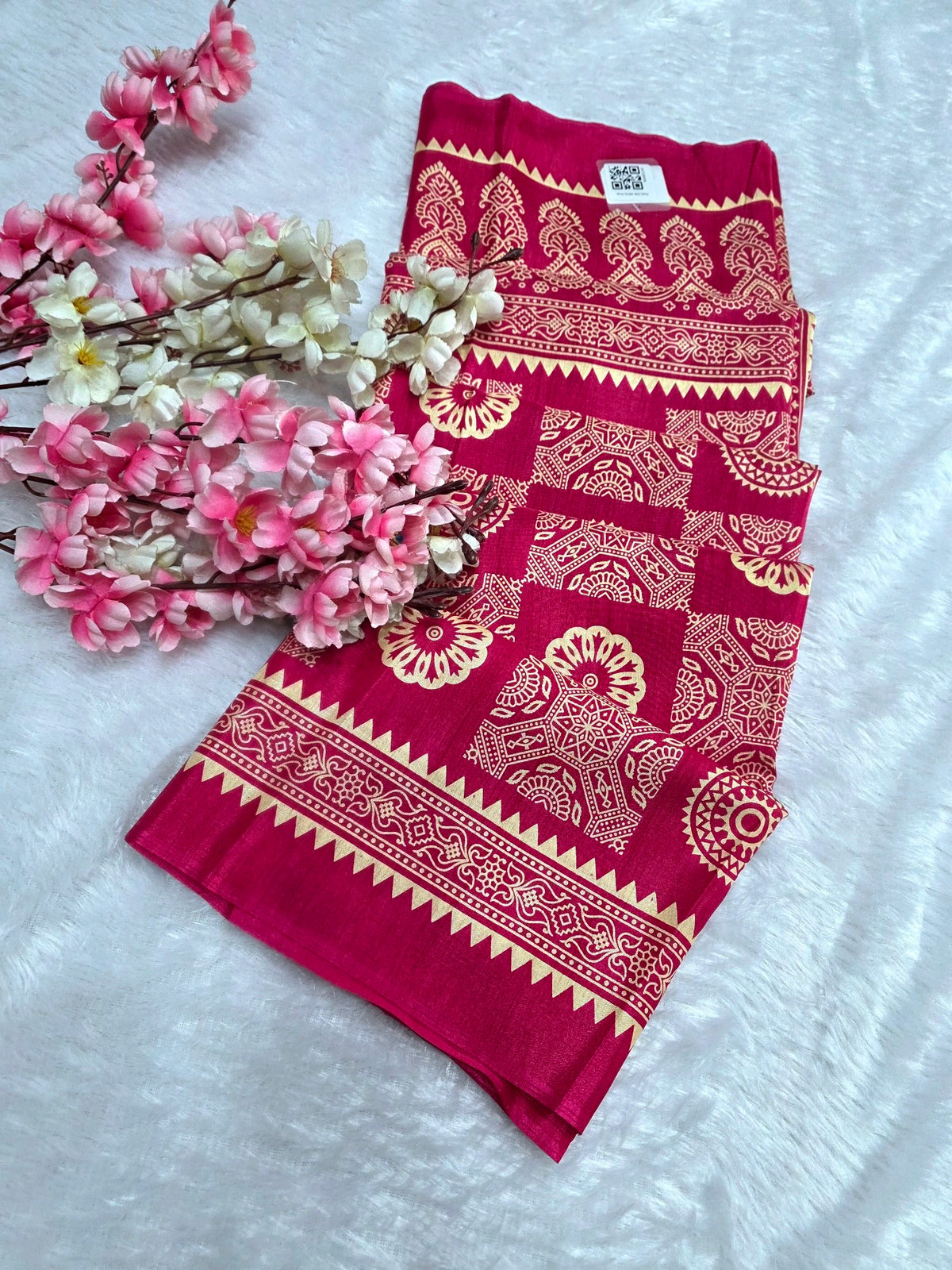 DS287 Semi Dola Silk Block Print Saree - Rani