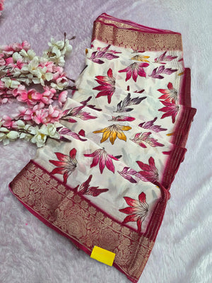 CA0987 Chitra Exclusive Pure Chinon Silk Flower Printed Saree With Zari Border