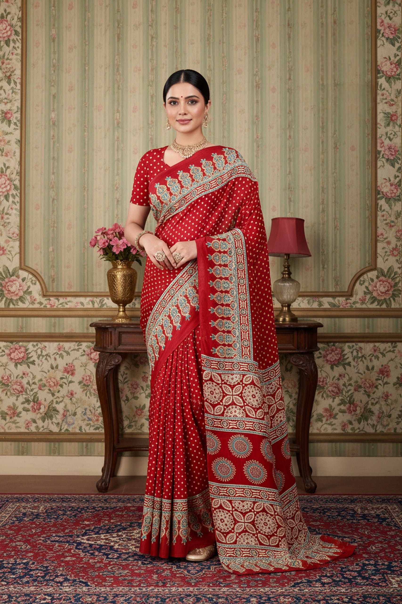 937004 Traditional Ajrakh Print Satin Silk Saree - Maroon