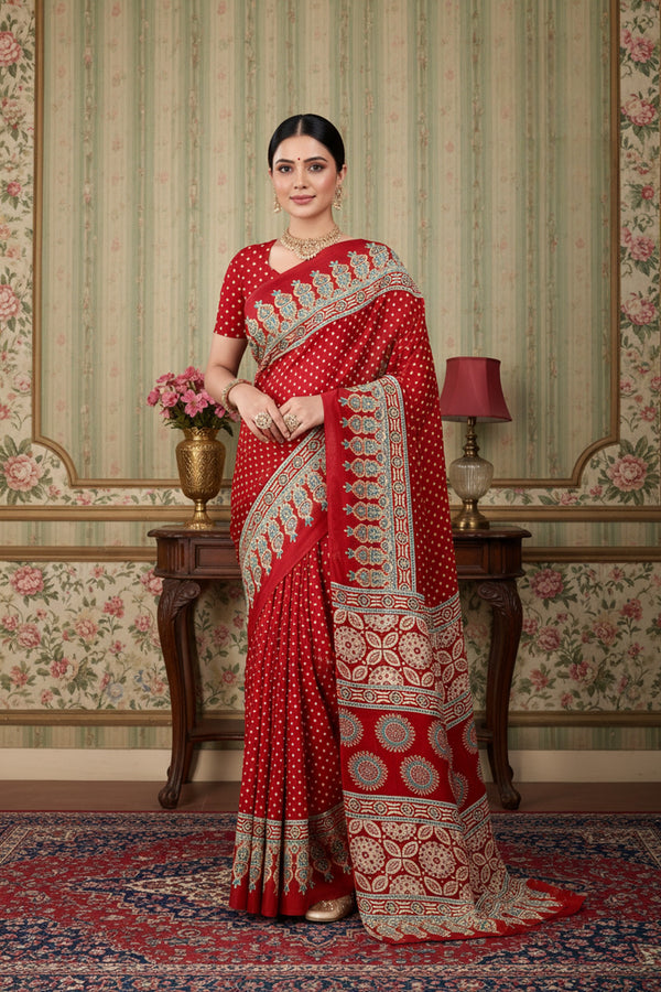 937004 Traditional Ajrakh Print Satin Silk Saree - Maroon