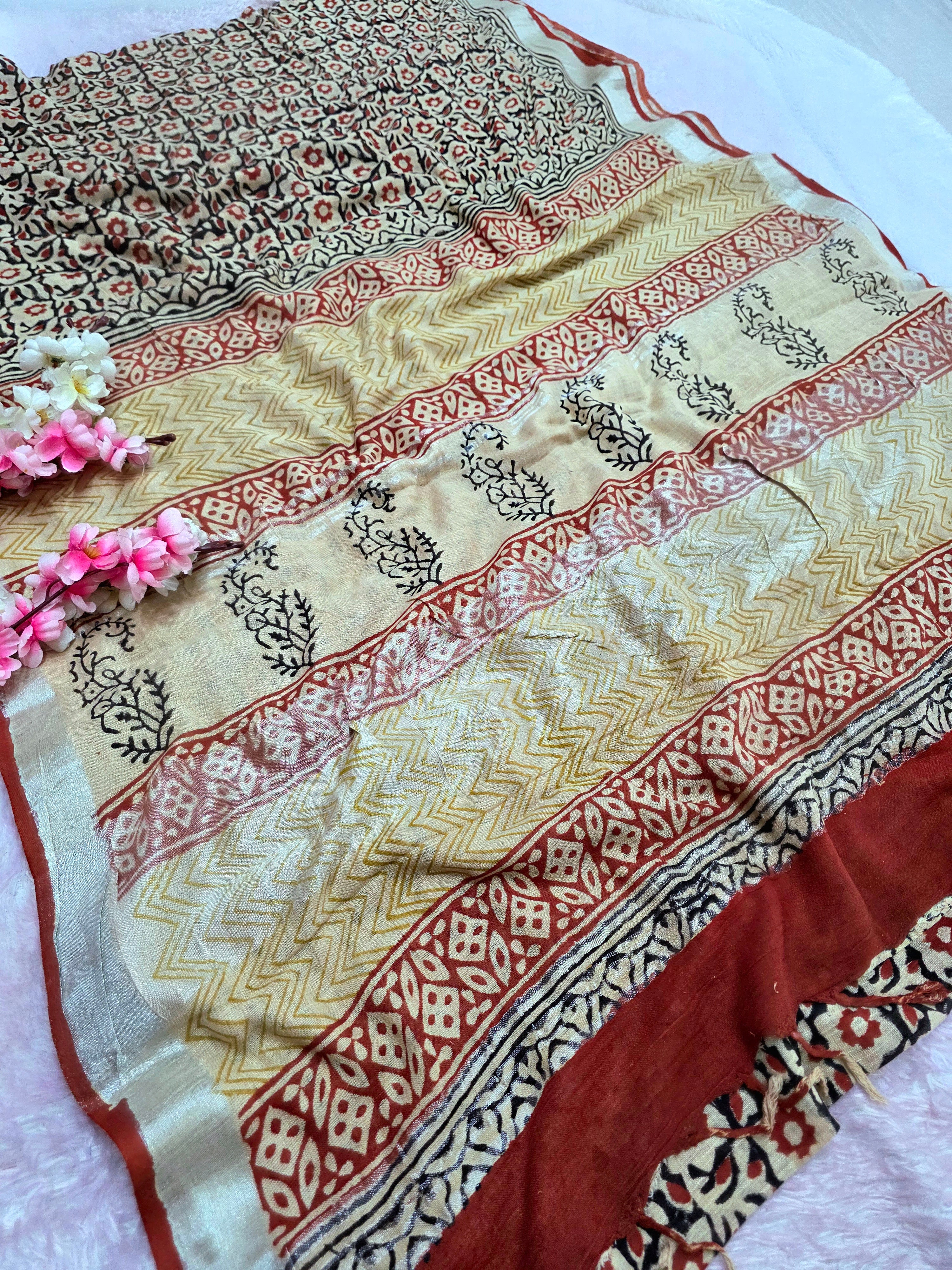 100507 Pure Rajasthani Natural Cotton Linen Hand Printed Saree