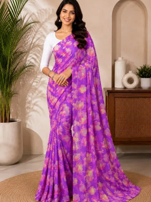 CA1031 Lightweight Elegant Semi Chiffon Flower Print Saree - Purple