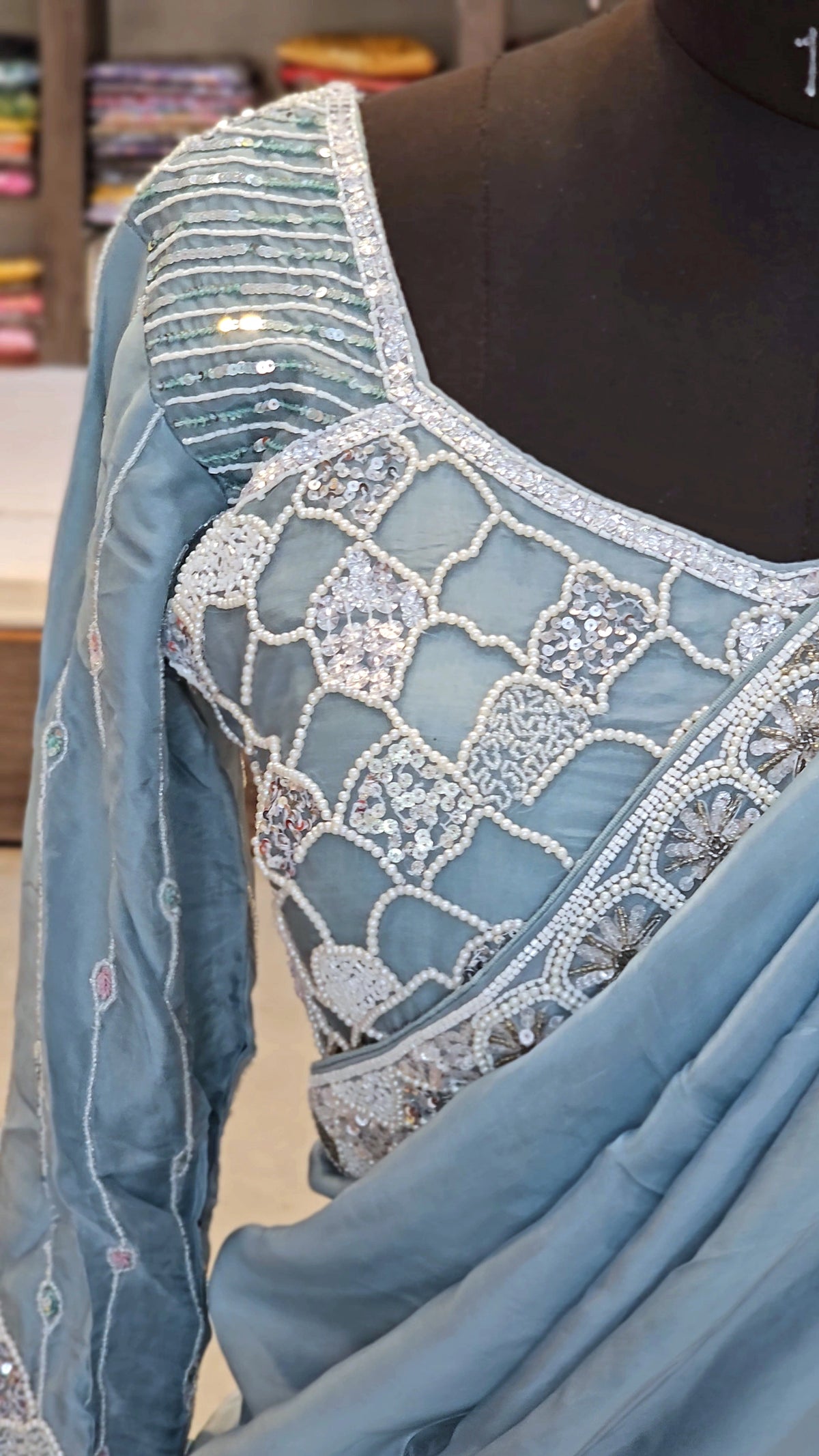 10157 Premium Pure H.O. Silk Designer Saree with Pearl Handwork & Heavy Pearl Work Stitched Blouse