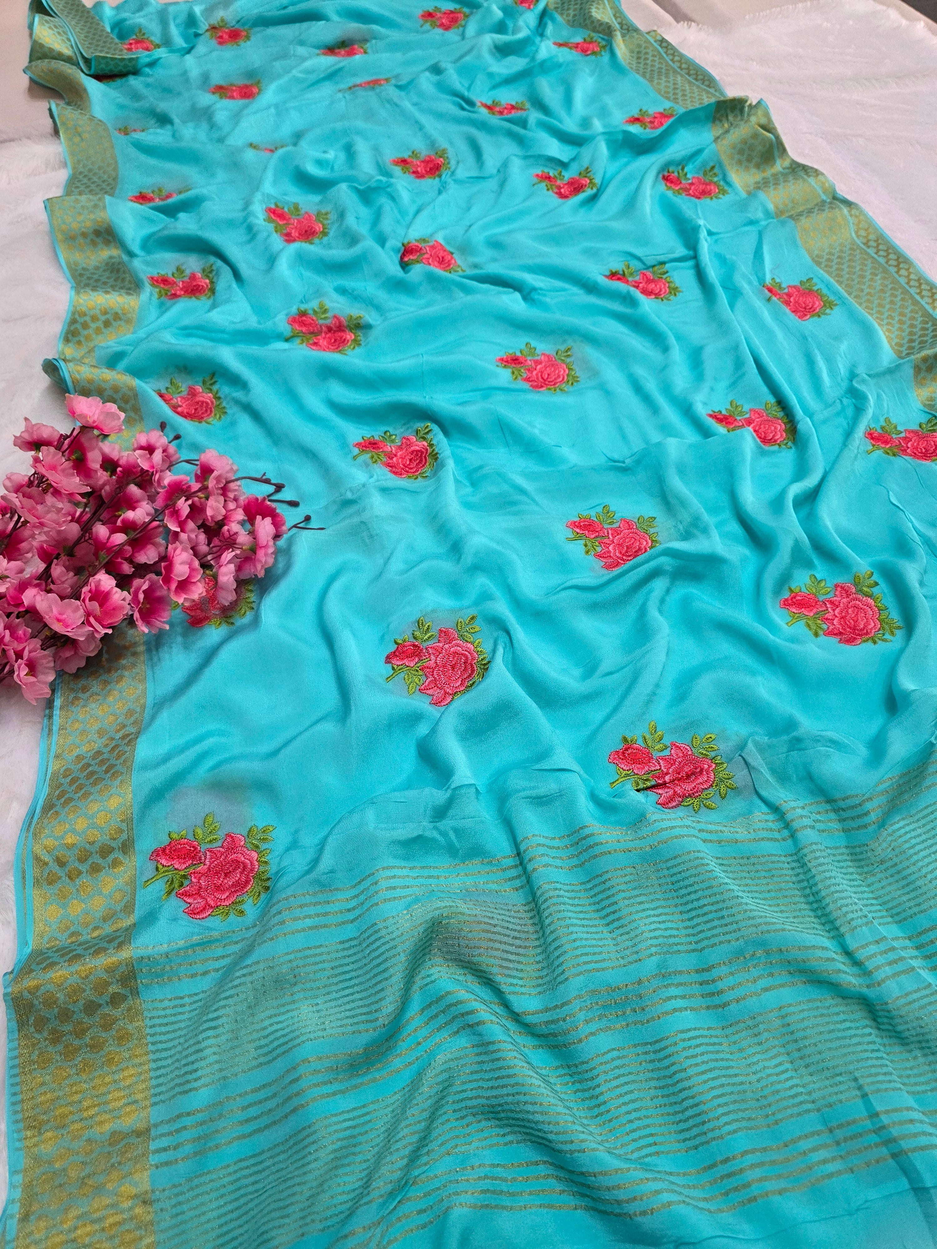 C78005 Exclusive Fancy Pure Chinon Saree with Embroidery