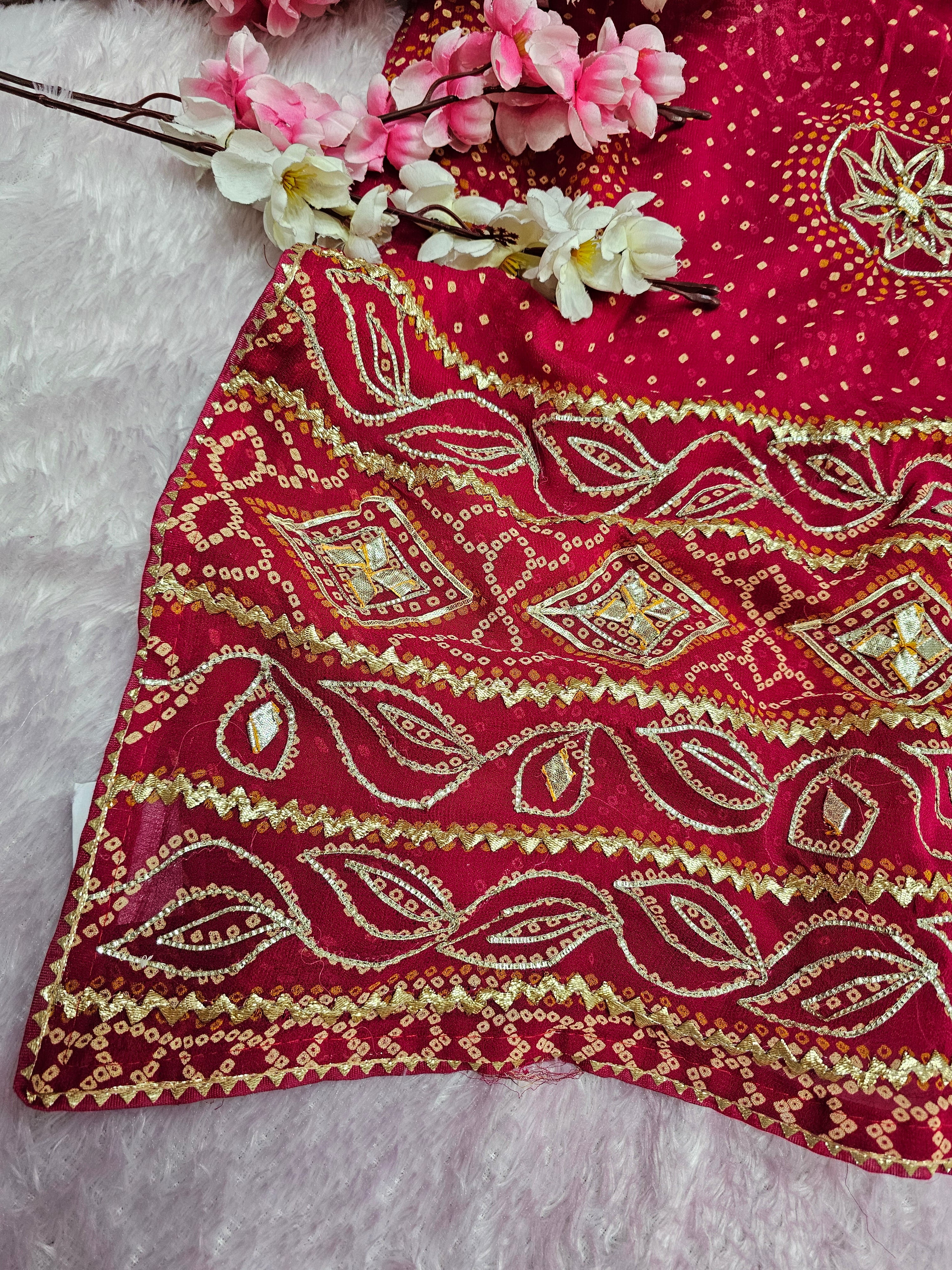 12449 Designer Pure Georgette Bandhani Saree with Gota patti Work - Rani Red