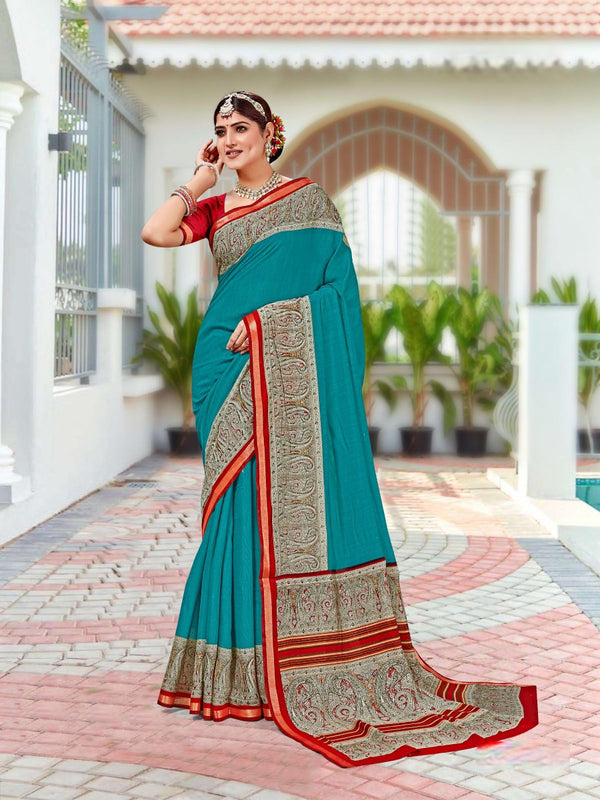 920002 Very Soft and Premium Looking Cotton Saree with Zari Border - Teal Blue