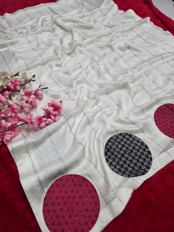 119004 White Swarovski Work Designer Saree with Heavy Blouse