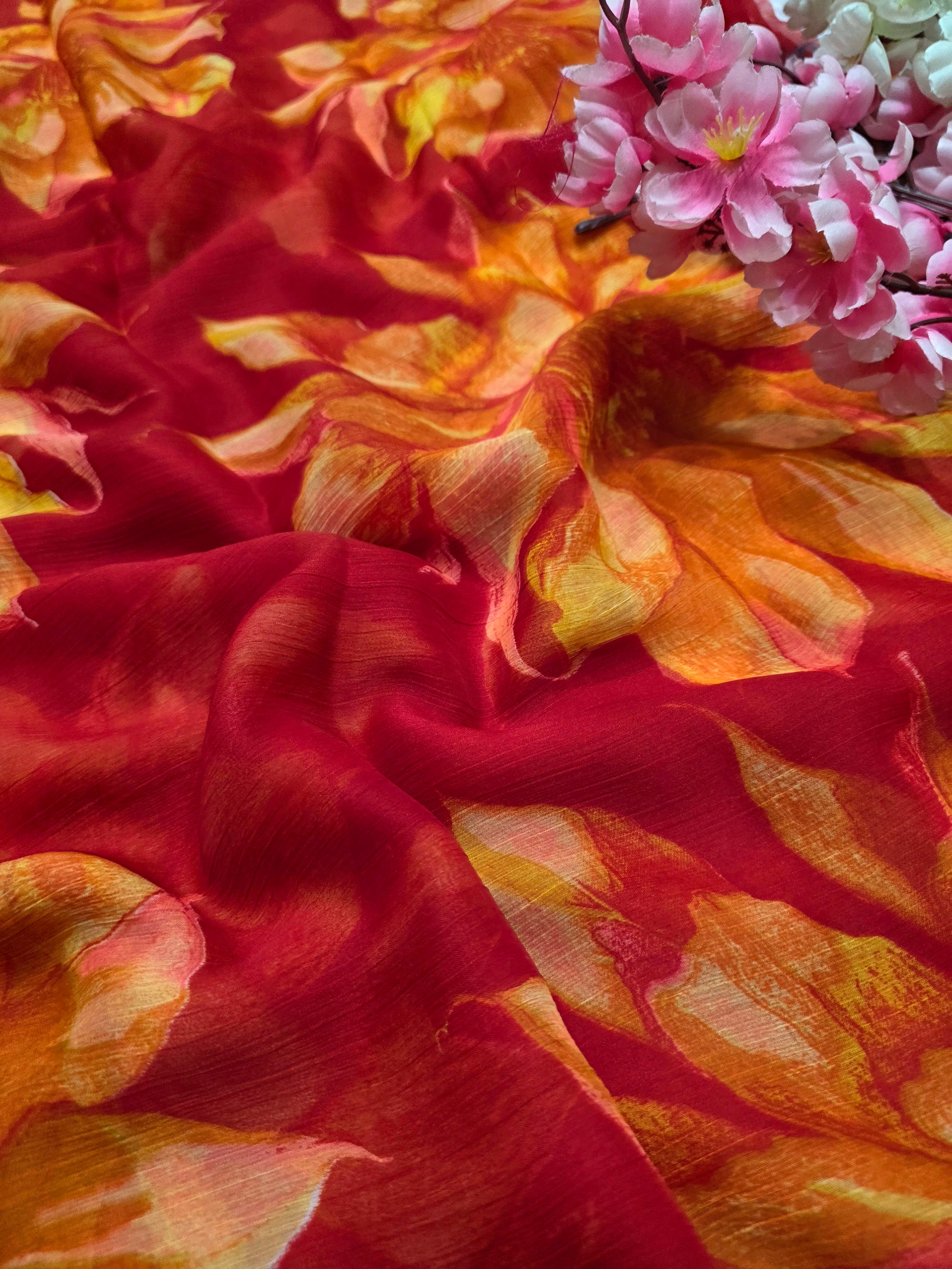 905001 Lightweight Elegant Semi Chiffon Flower Print Saree - Red