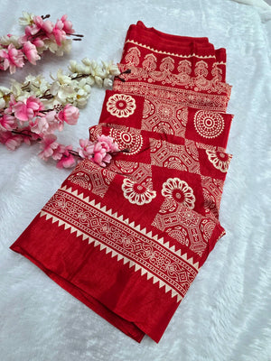 DS287 Semi Dola Silk Block Print Saree - Red